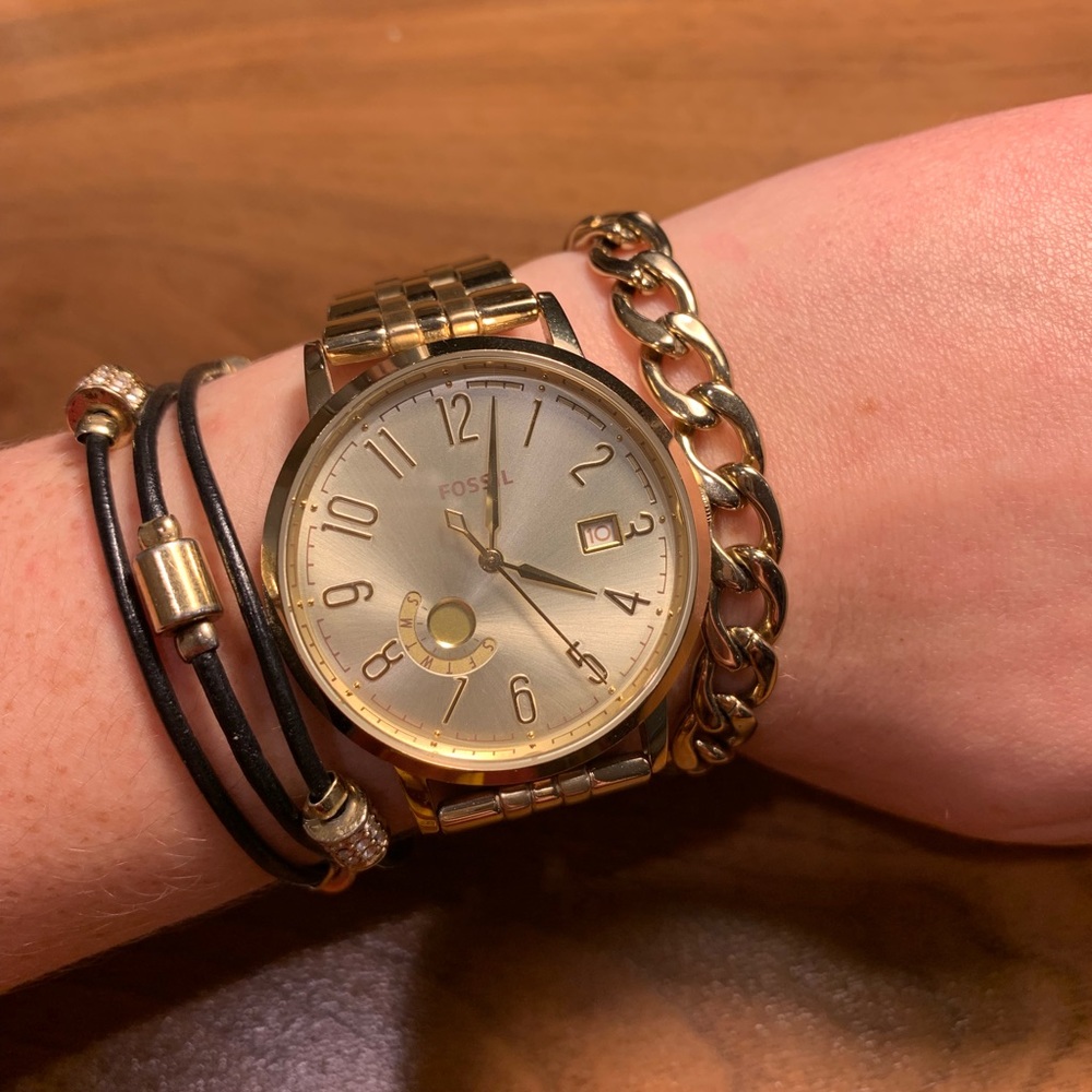 Fossil Black Leather & Gold Bracelet